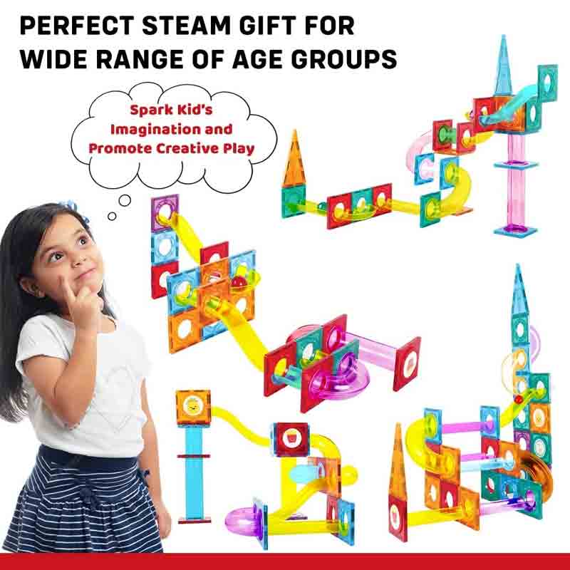 BALLRUSH Magnetic Tiles 105 Pcs 3D STEAM Educational Toys with Storage Container Ball Run Set for Kids. Magnetic Marble Run for Kids Age 3 +Year