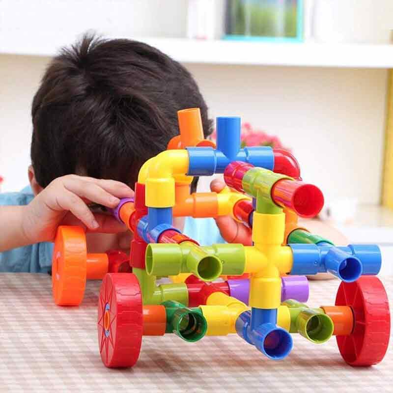 Pipe Puzzle 150 Pcs Educational & Intellectual Role Play Construction Blocks with Rolling Wheelbase Smooth Edged & Shapes Toys for Kids