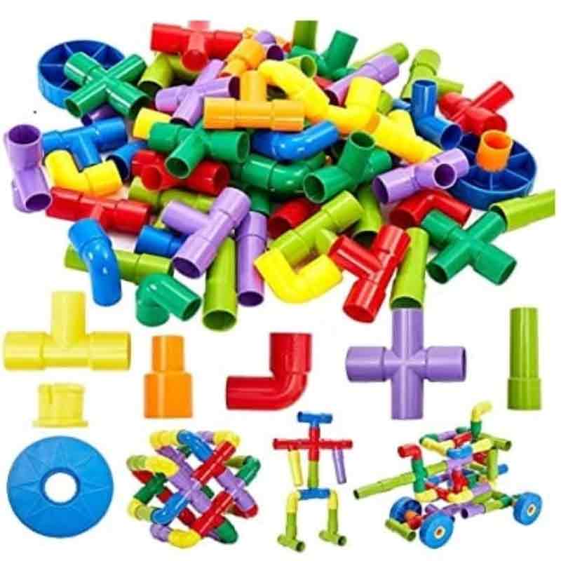 Pipe Puzzle 150 Pcs Educational & Intellectual Role Play Construction Blocks with Rolling Wheelbase Smooth Edged & Shapes Toys for Kids