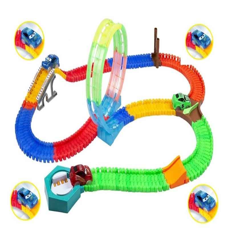 KIPA City Adventure 1 Magic Race car with 249 Bend Flex and Glow Tracks, Plastics bridge, Jumper, Crossing, Gate, Turn Plate, Rotation Plate, Flexible Tracks Car Play Set for Kids