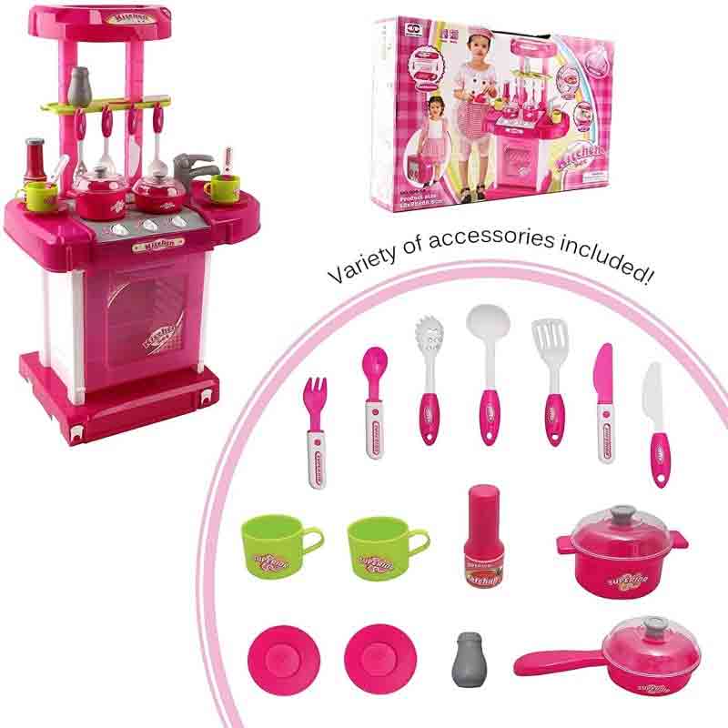 Luxury Kitchen Play Set Big Size Portable Suitcase Shape Musical Kitchen Set Toy with Light and Accessories for Kids