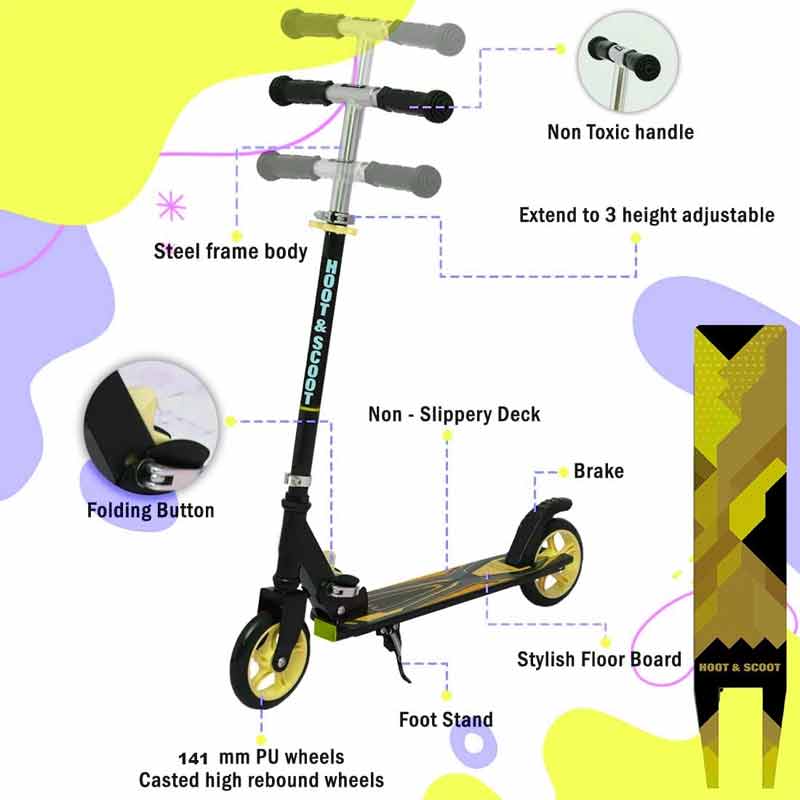 Kipa 2 Wheels Kick Start Skating Scooter with Large Steel Frame Foldable & Height Adjustable Handle Yellow Color for Kids