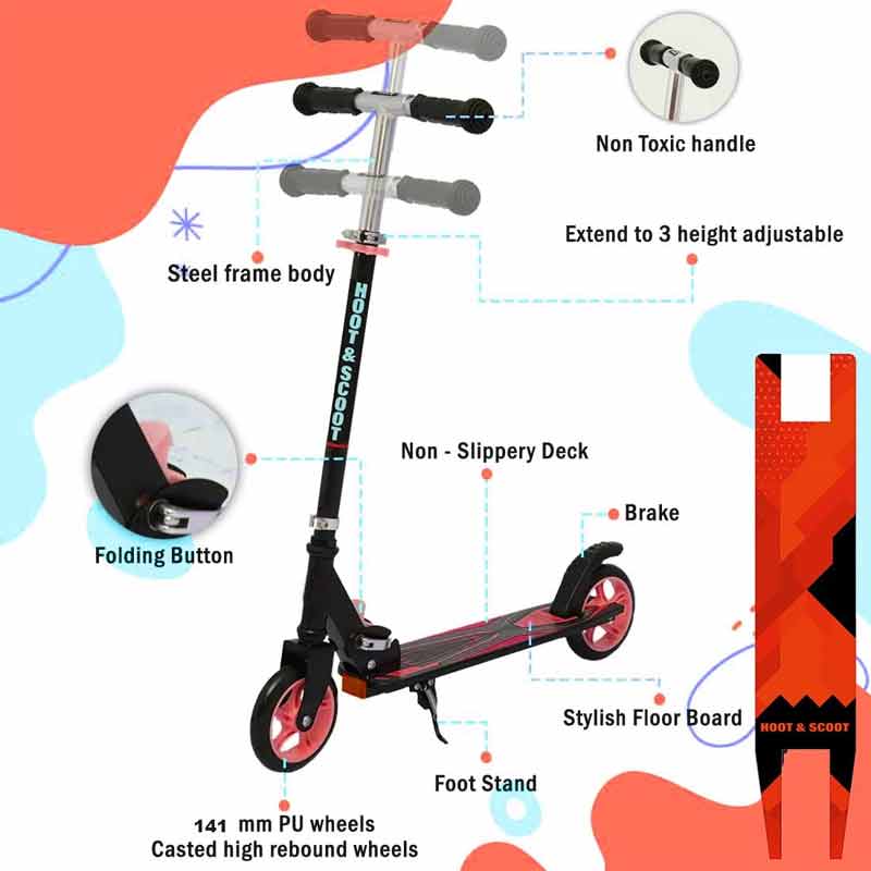 Kipa 2 Wheels Kick Start Skating Scooter with Large Steel Frame Foldable & Height Adjustable Handle Red Color for Kids