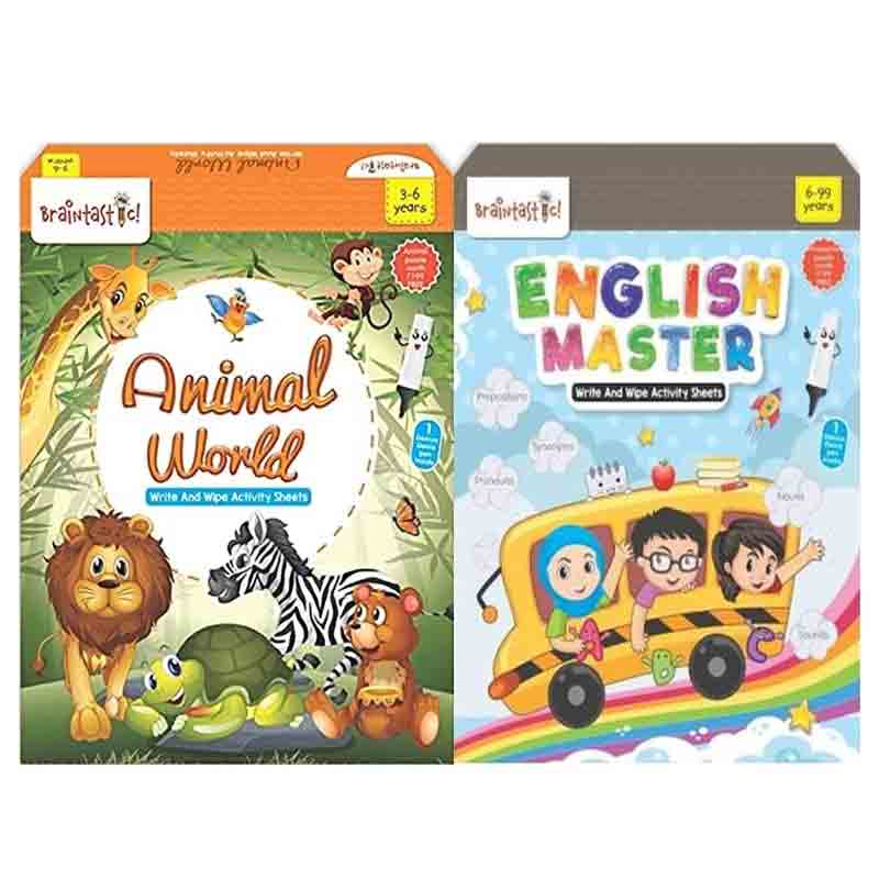 Braintastic Educational Game/Toys: Combo of Animal World & English Master Write & Wipe Reusable Activity Sheets with Free Puzzle for Kids 5+ Years Age