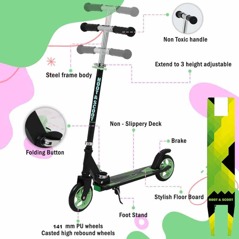Kipa 2 Wheels Kick Start Skating Scooter with Large Steel Frame Foldable & Height Adjustable Handle Green Color for Kids
