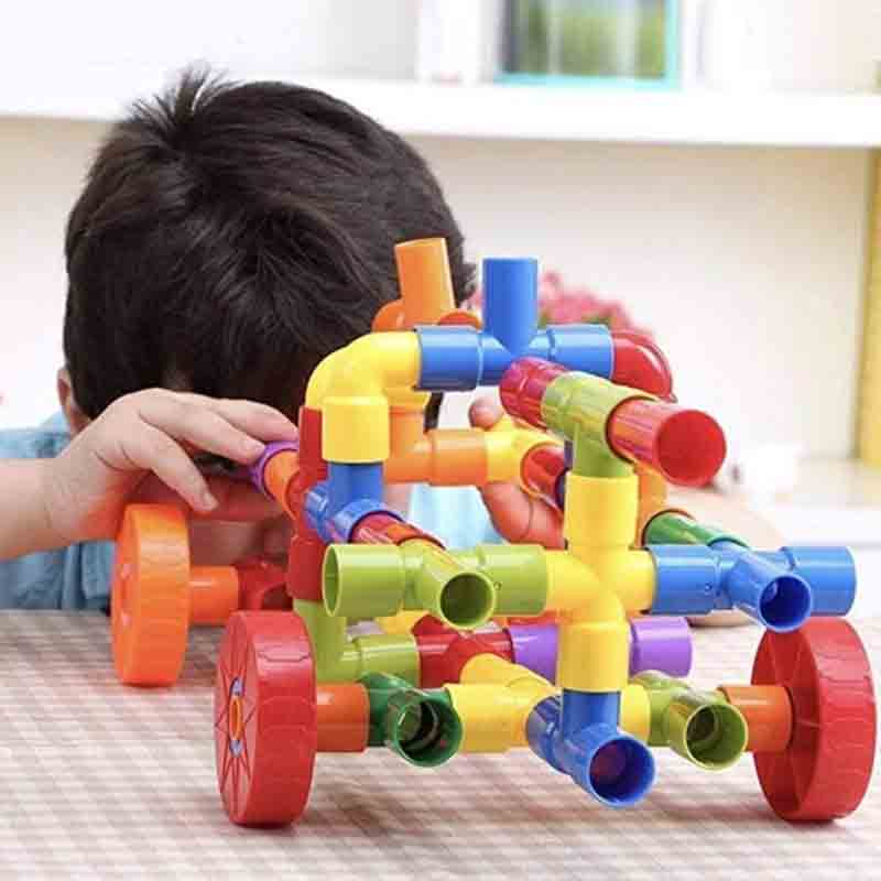 Pipe Puzzle 56 Pcs Educational & Intellectual Role Play Construction Blocks with Rolling Wheelbase Smooth Edged & Shapes for Kids 3 Years Plus