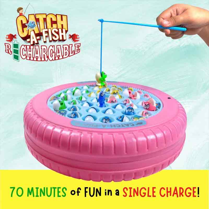 Kipa Rechargeable Musical Motorized Spinning Fishing Game Fish Catching Game Toy 45 Fishes & Big Round Pond with 4 Catching Sticks Toy Pink Color for Kids