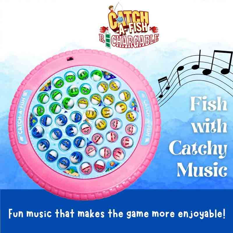 Kipa Rechargeable Musical Motorized Spinning Fishing Game Fish Catching Game Toy 45 Fishes & Big Round Pond with 4 Catching Sticks Toy Pink Color for Kids