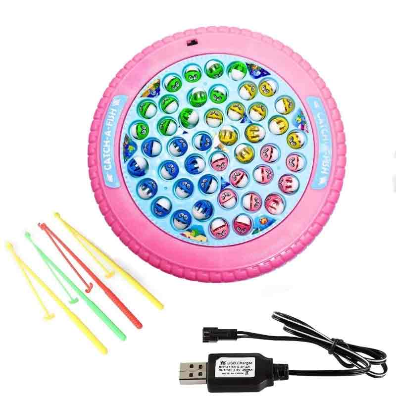 Kipa Rechargeable Musical Motorized Spinning Fishing Game Fish Catching  Game Toy 45 Fishes & Big Round Pond with 4 Catching Sticks Toy Pink Color  for