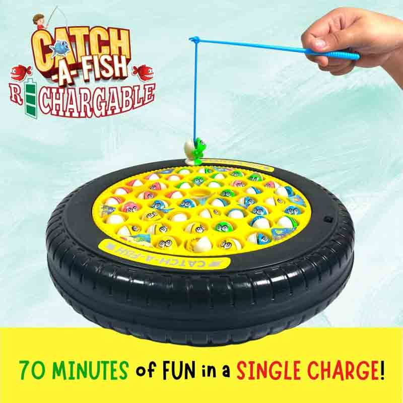 Kipa Rechargeable Musical Motorized Spinning Fishing Game Fish Catching Game Toy 45 Fishes & Big Round Pond with 4 Catching Sticks Toy Yellow Color for Kids