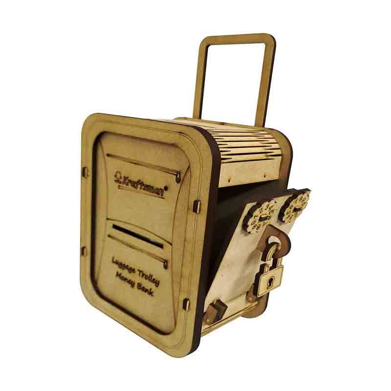 Kraftsman Wooden Money Banks for Kids and Adults Luggage Trolley Style Coin Bank  (Beige)