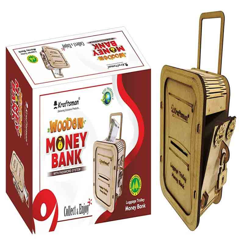 Kraftsman Wooden Money Banks for Kids and Adults Luggage Trolley Style Coin Bank  (Beige)