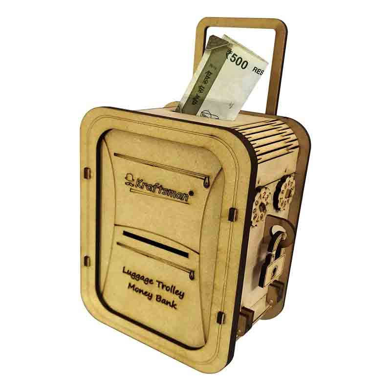 Kraftsman Wooden Money Banks for Kids and Adults Luggage Trolley Style Coin Bank  (Beige)