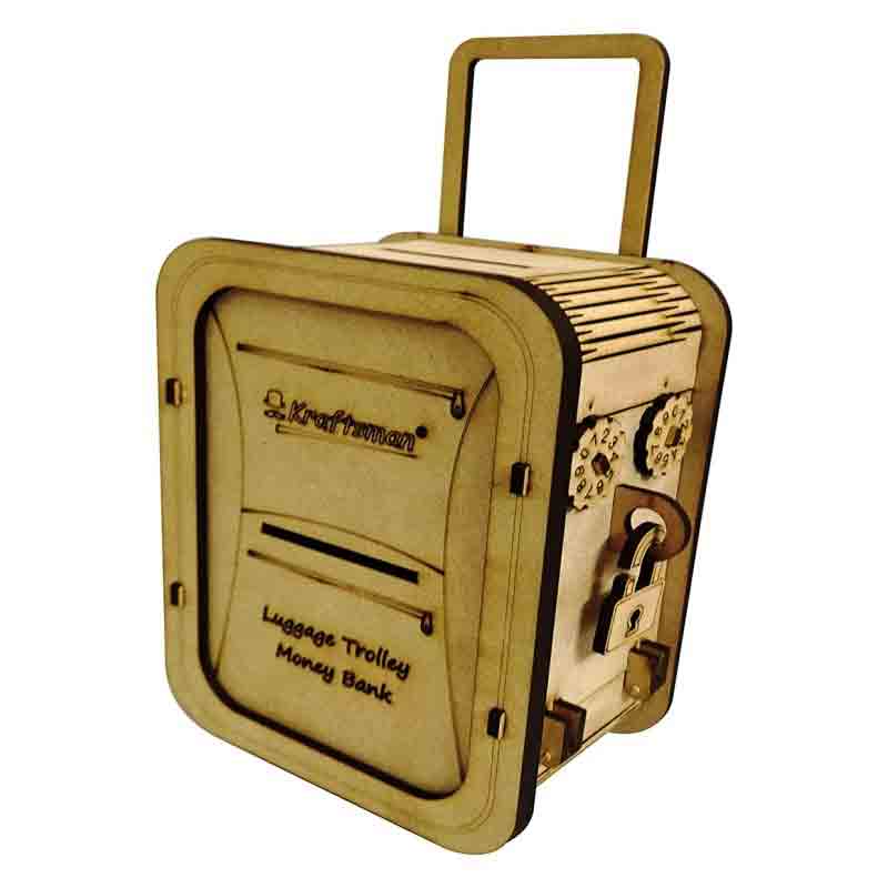 Kraftsman Wooden Money Banks for Kids and Adults Luggage Trolley Style Coin Bank  (Beige)