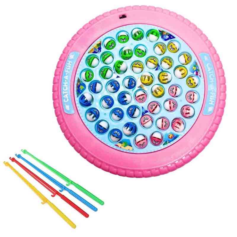 Kipa Musical Motorized Spinning Fishing Game Fish Catching Game Toy 45 Fishes & Big Round Pond with 4 Catching Sticks Toys Pink Color for Kids