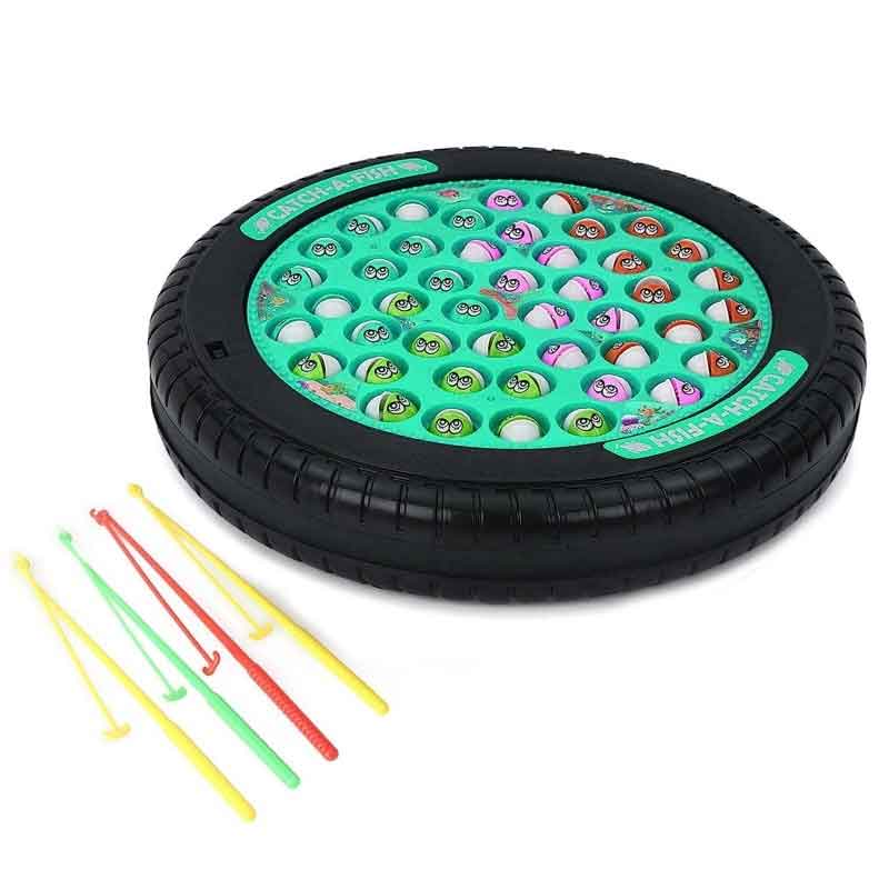 Kipa Musical Motorized Spinning Fishing Game Fish Catching Game Toy 45 Fishes & Big Round Pond with 4 Catching Sticks Toy Green Color for Kids