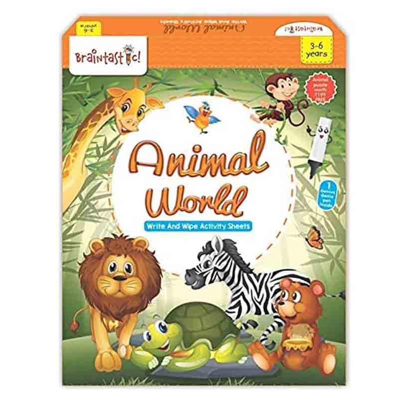 Braintastic Educational Game/Toys: Combo of Animal World & Pattern Shapes Colors Write & Wipe Reusable Activity Sheets with Free Puzzle for Kids 5+ Years Age