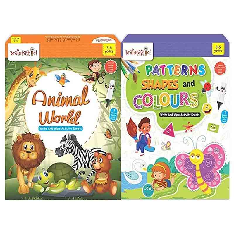 Braintastic Educational Game/Toys: Combo of Animal World & Pattern Shapes Colors Write & Wipe Reusable Activity Sheets with Free Puzzle for Kids 5+ Years Age