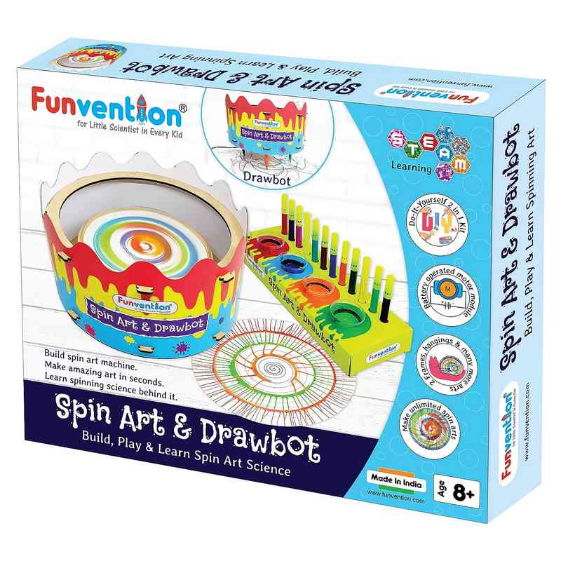 Funvention DIY Spin Art Machine & Drawbot Paint Craft Kit, Drawing Robot STEM Construction Activity Toys for Kids 5+ Years