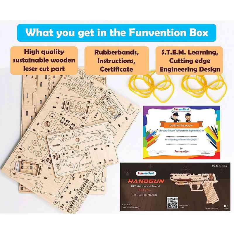 Funvention Kids for Little Scientist in Every Kid Handgun STEM 3D Puzzle Lerning Kit  with rubberband Shooting Pack of 1 Ages 8+ Years
