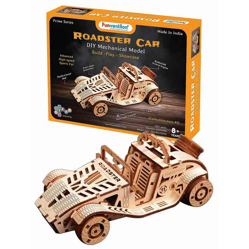 Funvention Kids Roadster Racer Car - DIY Functional Mechanical Model 3D Puzzle STEM Lerning Kit with Working Wheels & Shocks Age 8+ Years