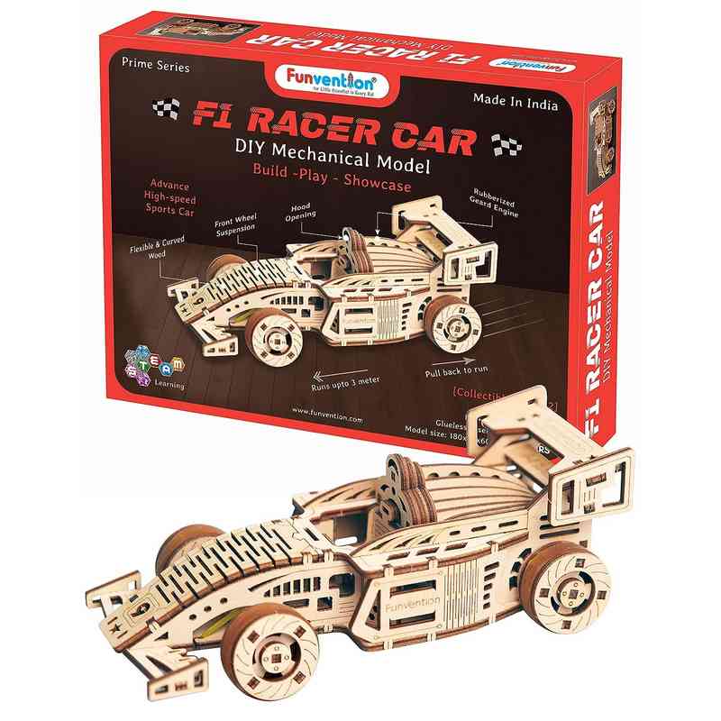 Funvention for Little Scientist in Every Kid F1 Racer Car - DIY Functional Mechanical Model 3D Puzzle with Working Wheels & Shocks Pack of 1 Age 8+Years