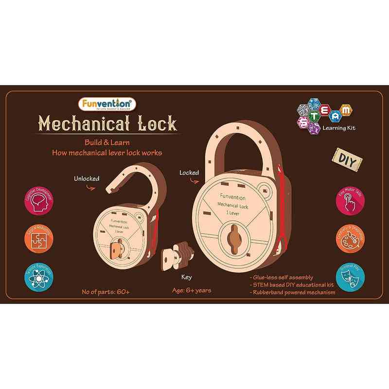 Funvention DIY Mechanical Lock with Key (Pack of 6) - Build Working Lock Yourself for Kids 5-12 Years