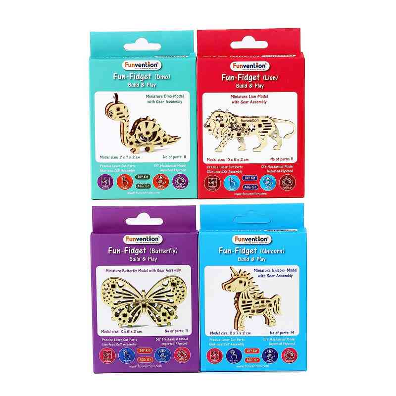 Funvention- for Little Scientist in Every Kid Fun Fidgets Jungle Lion; Unicorn; Dino and Butterfly-Pack of 24 for kids 5-12  Years