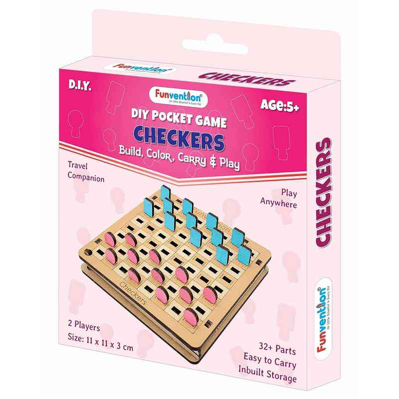 Funvention DIY Checkers Pocket Travel Game , Fun Learning Educational Board Game for Kids 4-12 Years