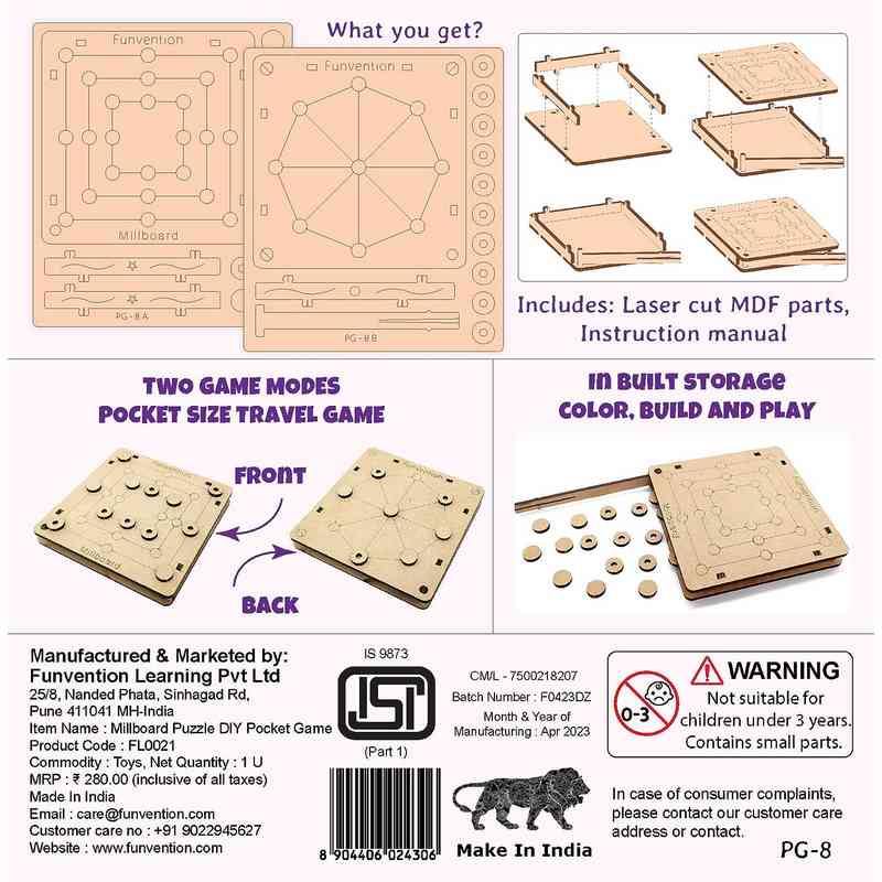 Funvention DIY Millboard Pocket Travel Game,Fun Learning Educational Board Game for Kids 4-12 Years