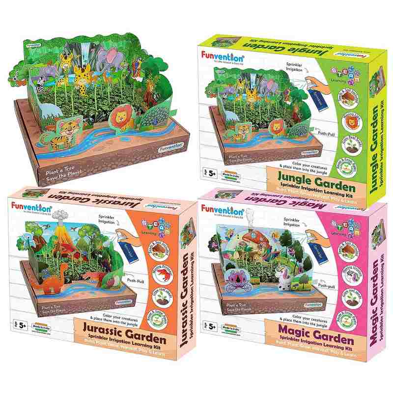 Funvention Combo of 3 Jungle + Jurassic + Magic Garden Sprinkler Irrigation DIY STEM Learning Kit for Kids 4-12 Yers