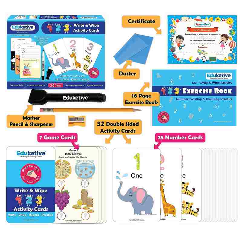 Eduketive 123 Numbers & Counting Write & Wipe Reusable Activity Kids 3-6 Years Writing Practice Preschool Learning Educational Game with Exercise Book