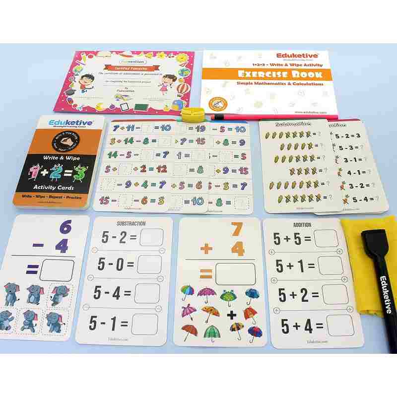 Eduketive 1+2=3 PREMATH Write & Wipe Reusable Activity Kids 3-9 Years Writing Practice Preschool Learning Educational Game with Exercise Book