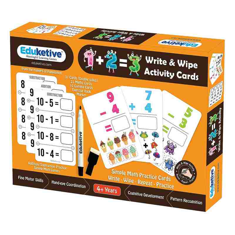 Eduketive 1+2=3 PREMATH Write & Wipe Reusable Activity Kids 3-9 Years Writing Practice Preschool Learning Educational Game with Exercise Book