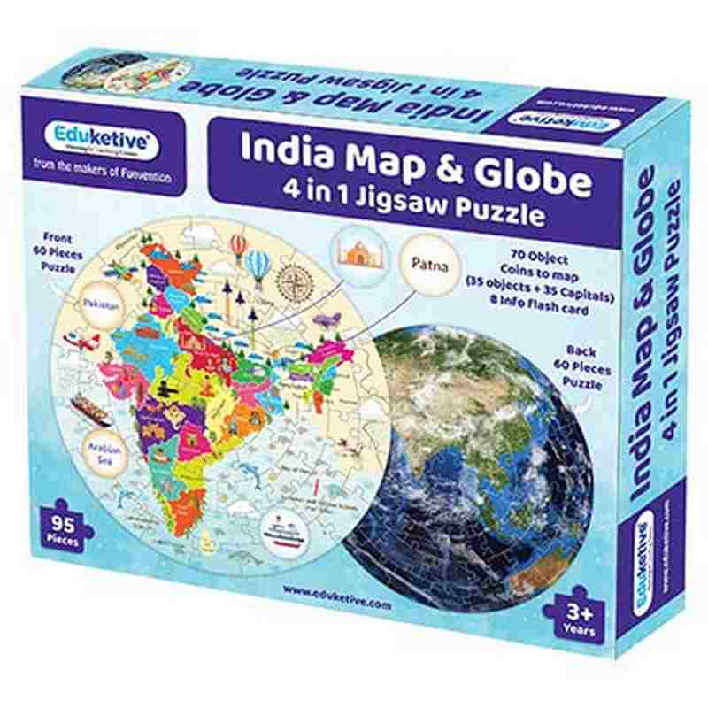 Eduketive India Map & Globe - 4 in 1 Puzzle Activity Game - 95 Pieces Educational Jigsaw Puzzle For Kids  4-12 Years