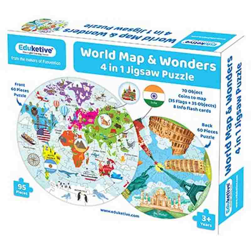 Eduketive World Map & Wonders Around The World - 4 in 1 Puzzle Activity Game - 95 Pieces Educational Jigsaw Puzzle For Kids 4-12 Years