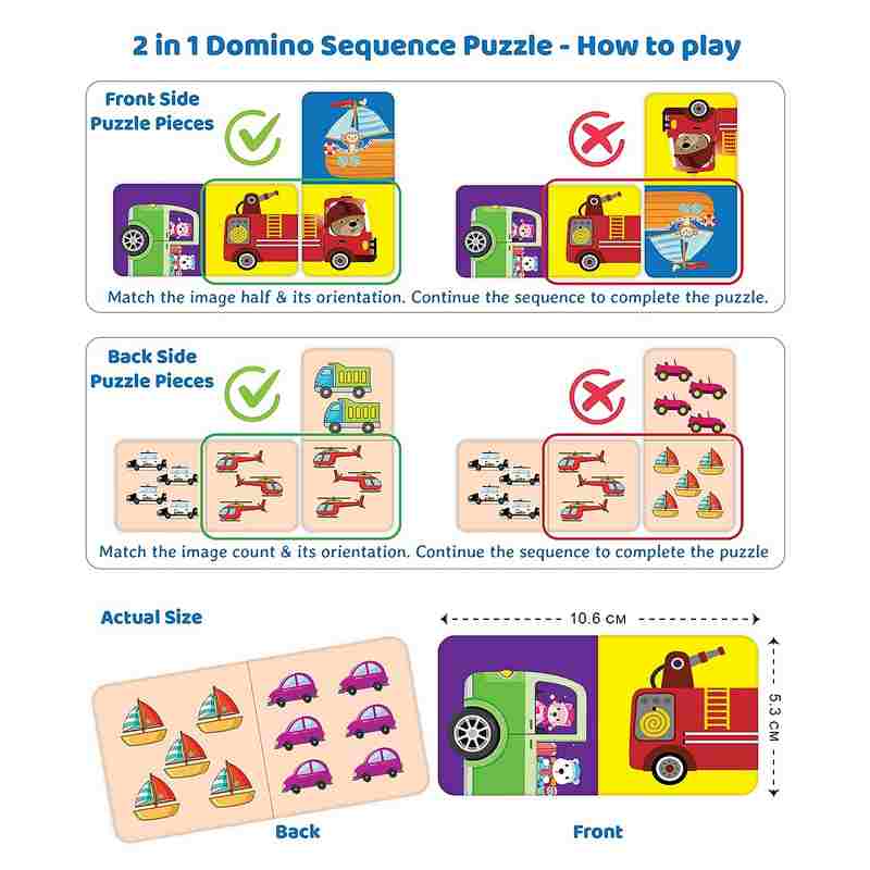 Eduketive Sequence 2 in 1 Puzzle - Animals on The Wheels - Double Sided Educational 30 Pieces Puzzle For Kids Age 3-9 Years