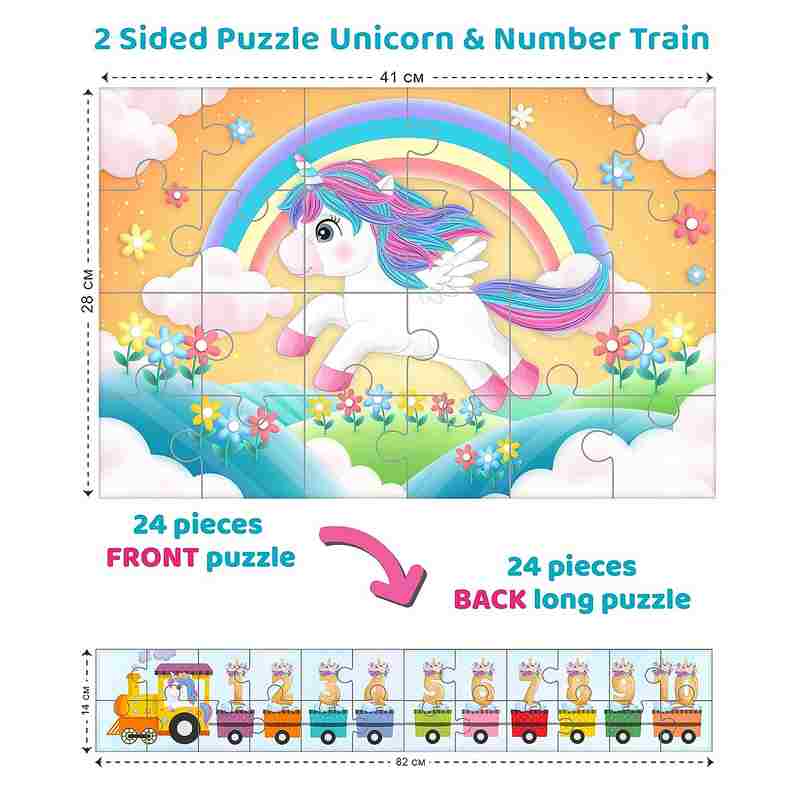 Eduketive Unicorn & Number Train 2 Sided Puzzle - 24 Pieces Single Front Puzzle & 24 Pieces Back Long Puzzle - Kids Age 3-9 Years