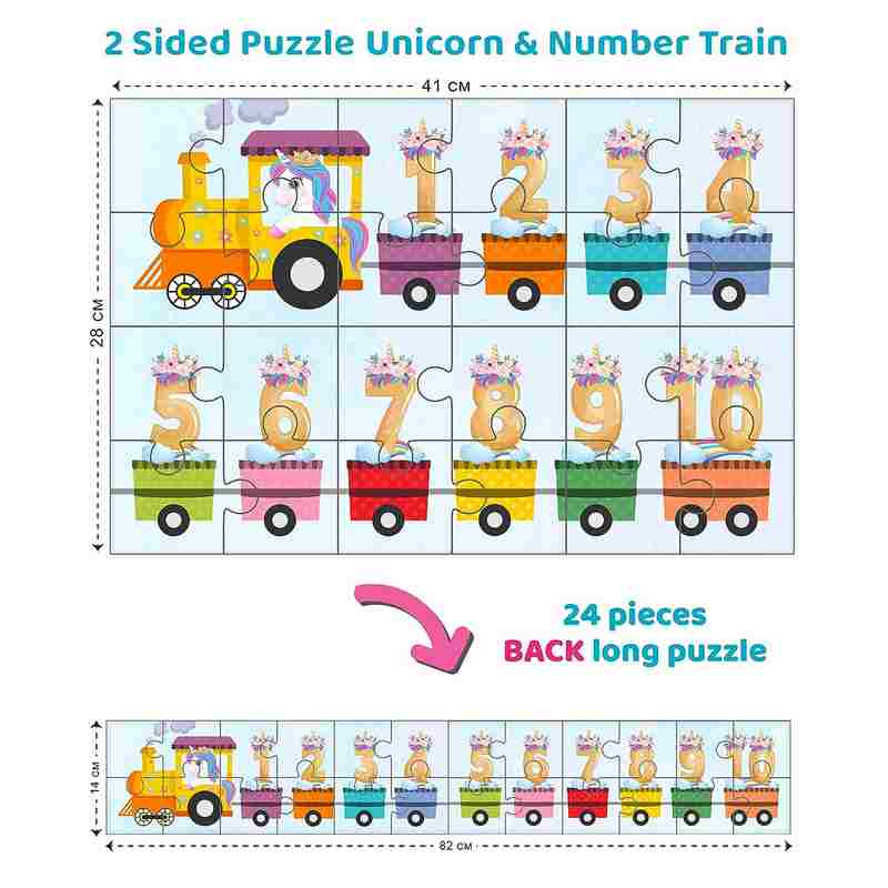 Eduketive Unicorn & Number Train 2 Sided Puzzle - 24 Pieces Single Front Puzzle & 24 Pieces Back Long Puzzle - Kids Age 3-9 Years