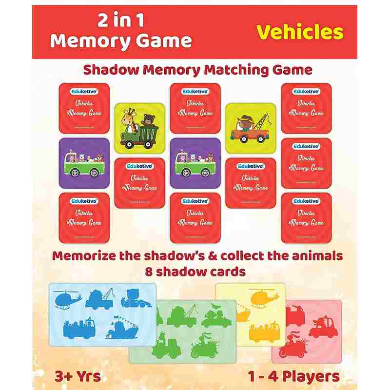 Eduketive Vehicles -2 in1 Memory & Shadow Matching Game - 48 Pieces Concentration Memory Card Game For Kids 3-12 Years