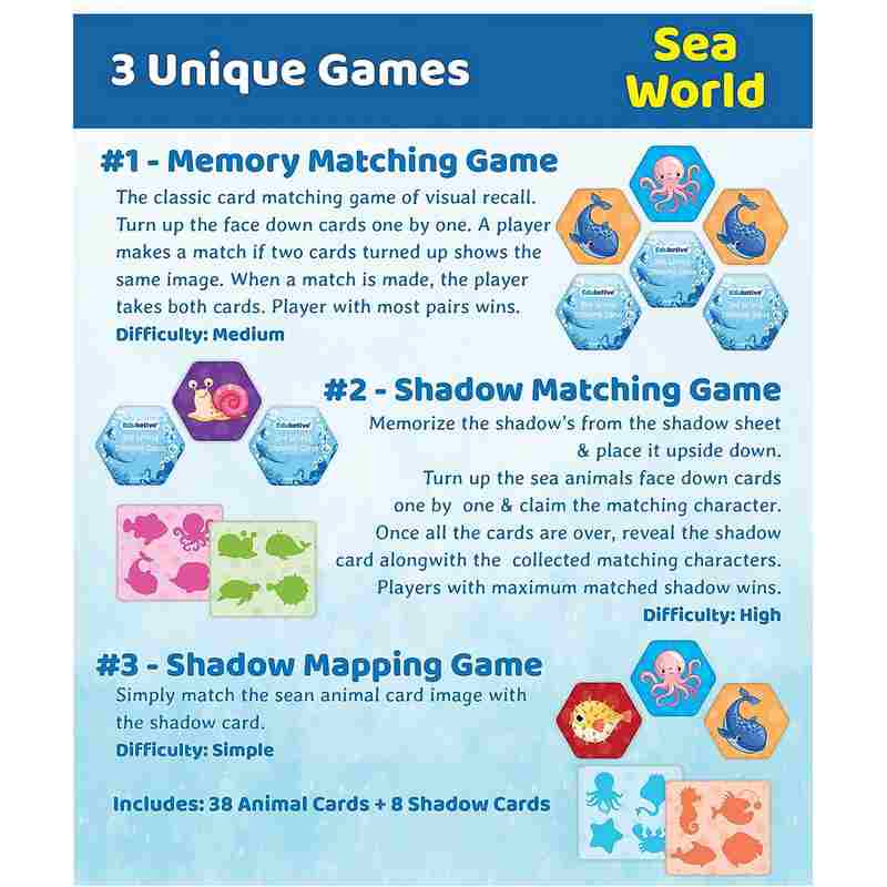 Eduketive Sea World -2 in 1 Memory & Shadow Matching Game -46 Pieces Concentration Memory Card Game For Kids 3 -12 Years