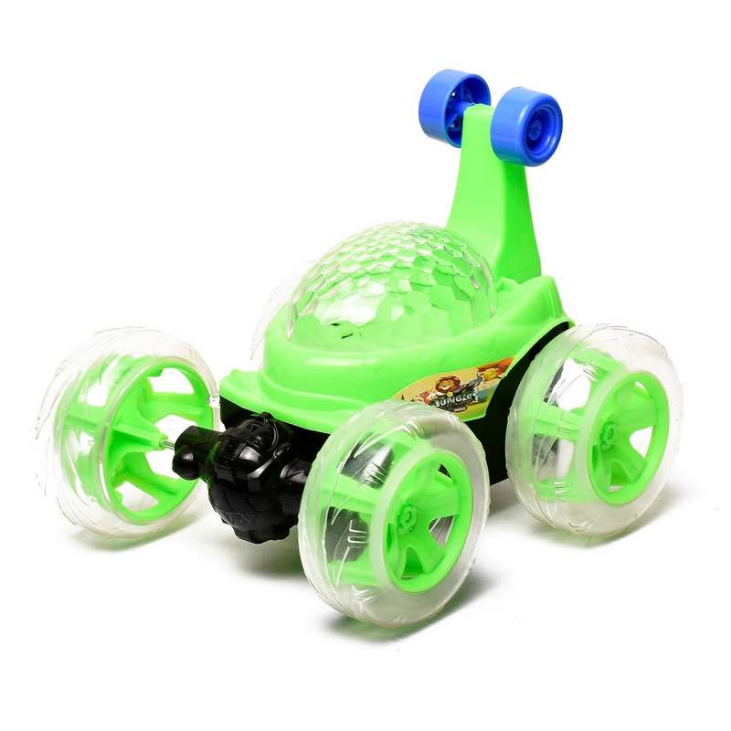 Braintastic Rechargeable Remote Control Jungle Safari RC Acrobatic 360 Degree Spiral Spin Twisting Stunt Car with Colorful Lights & Music Toys for Kids 5-15 Years (Green)