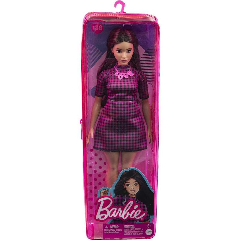 Barbie Fashionistas Doll #188, Curvy, Black Hair, Pink & Black Checkered Dress, Love Necklace, Pink Sneakers, Toy for Kids Girls 3-12 Years