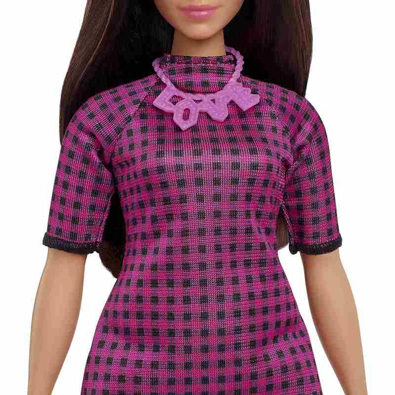 Barbie Fashionistas Doll #188, Curvy, Black Hair, Pink & Black Checkered Dress, Love Necklace, Pink Sneakers, Toy for Kids Girls 3-12 Years