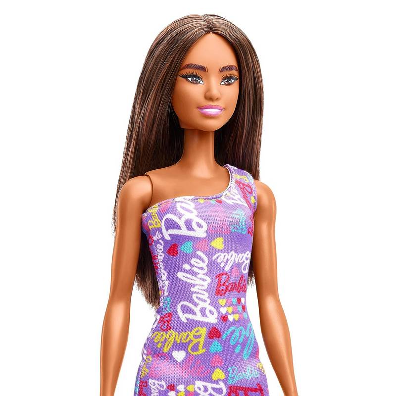 Barbie Dolls Wearing Logo Print Purple Dress, Toy for Kids Girls 3-12 Years
