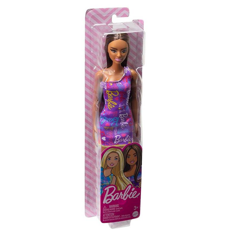 Barbie Dolls Wearing Logo Print Purple Dress, Toy for Kids Girls 3-12 Years