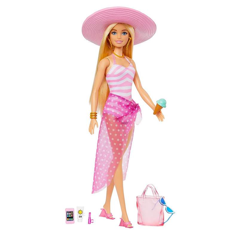 Barbie ?Blonde Doll with Pink and White Swimsuit, Sun Hat, Tote Bag and Beach-Themed Accessories For Girls 3-12 Years