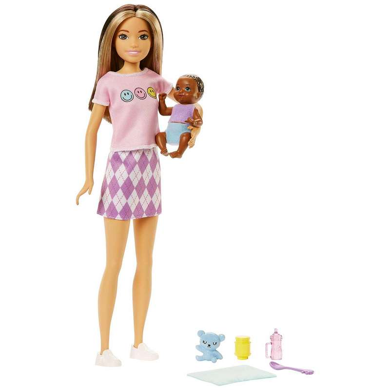 Barbie Dolls and Accessories, Skipper Doll (Two-Tone Hair) with Baby Figure and 5 Accessories, Babysitters Inc. Playset for Kids Girls 3-12 Years