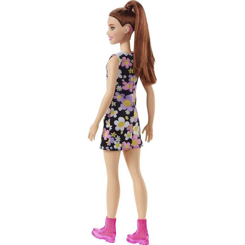 Barbie Fashionistas Doll Brunette Ponytail, Shift Dress, Pink Boots, Toy for Kids Girls 3-12 Years