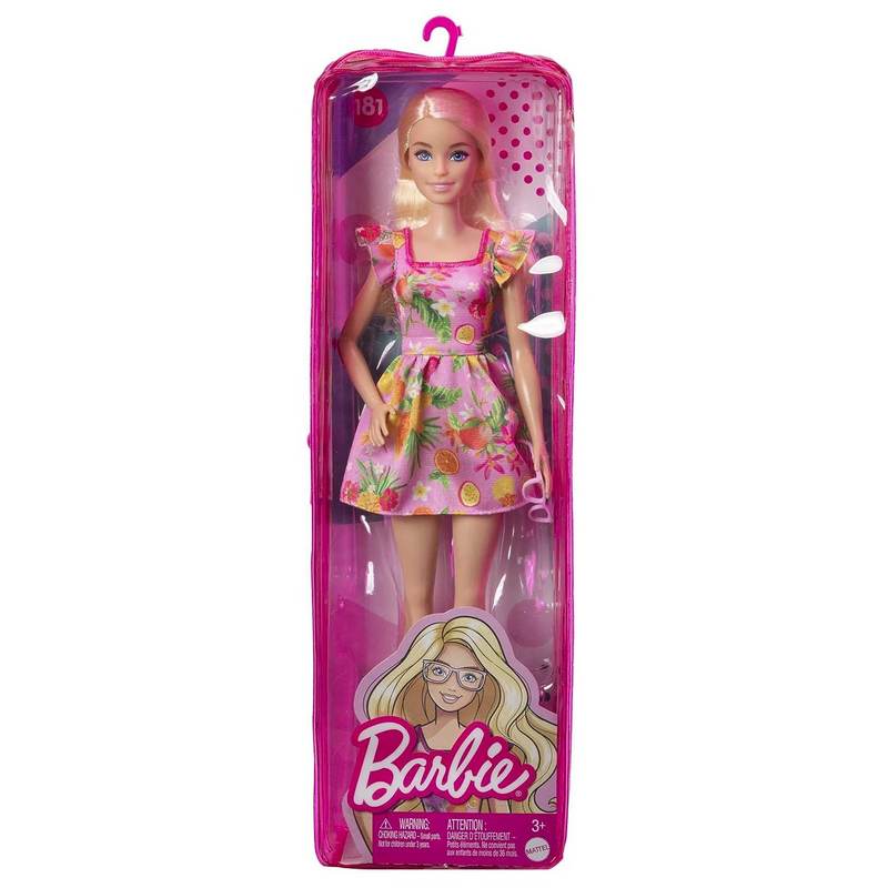 Barbie Fashionistas Doll with Blonde Hair & Fruit Print Dress, Ruffled Sleeves, Orange Platform Heels, Pink Eyeglasses, Toy for Kids Girls 3-12 Years